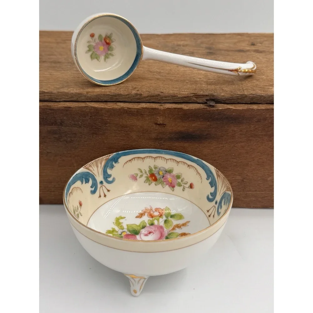 Noritake Hand Painted‎ Footed Bowl w/Ladle Floral Gold Trim Japan Set Vintage